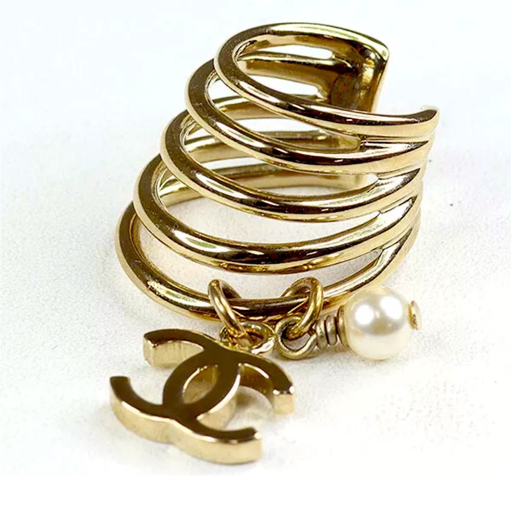 Gold Spiral Ring with Pearl Charm